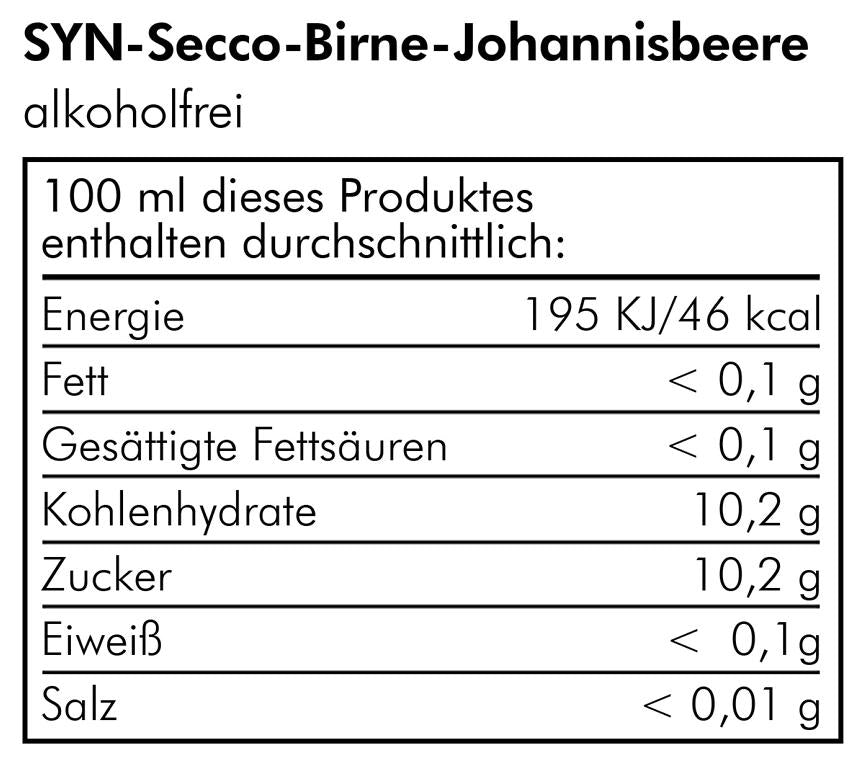 Fruchtsecco - Syn-Secco Birne Johannisbeere - alkoholfrei 0.75 Liter