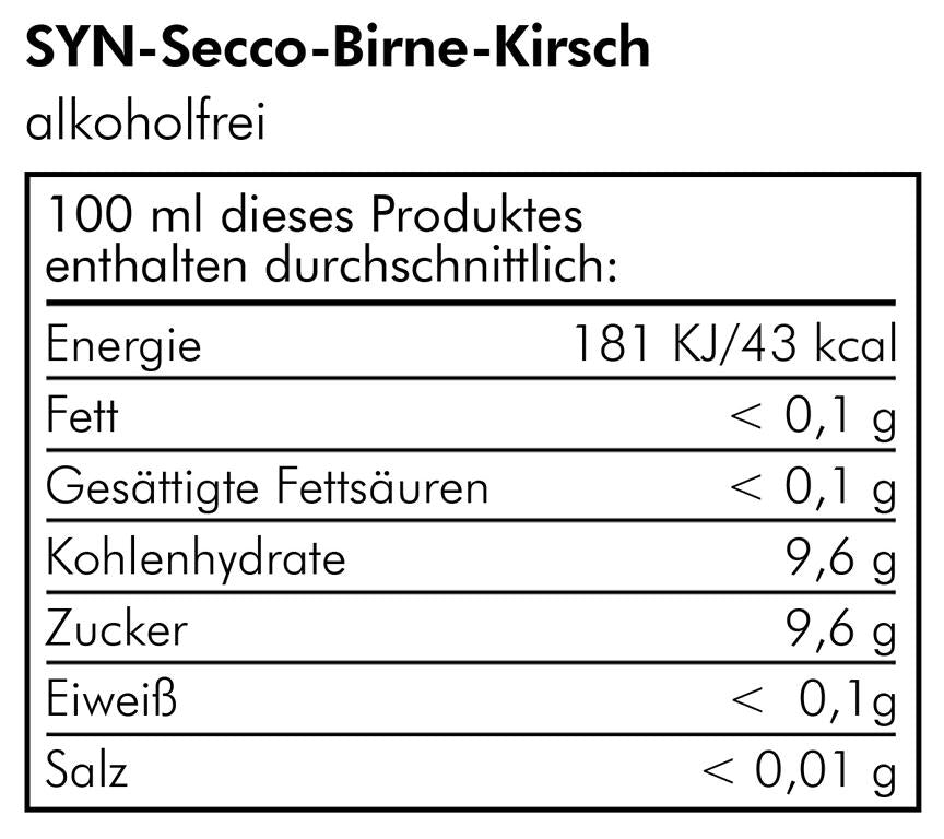 Fruchtsecco - Syn-Secco Birne Kirsche - alkoholfrei 0.75 Liter