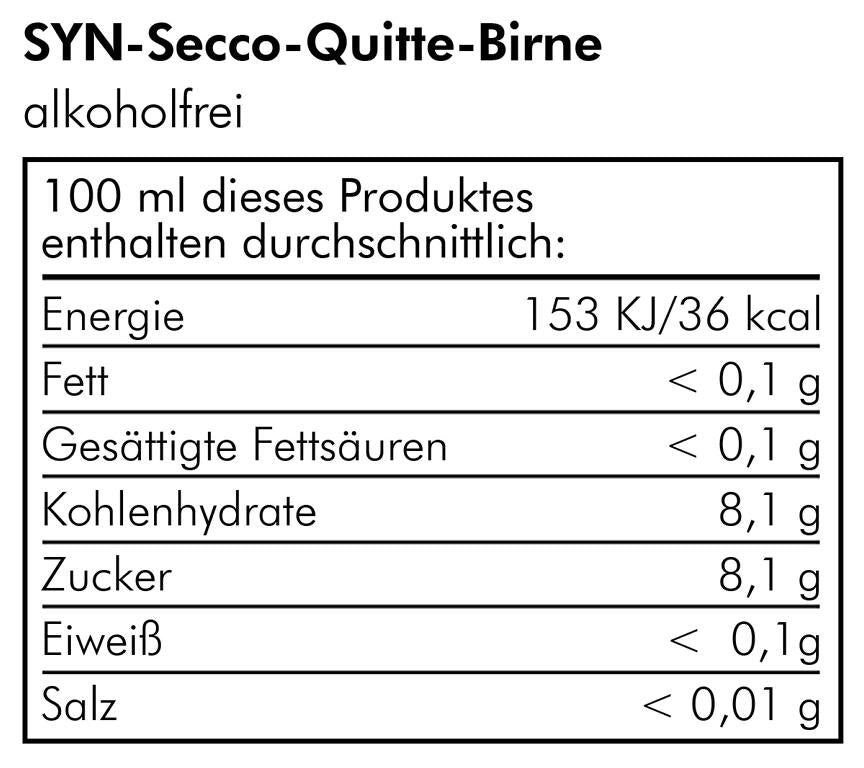 Fruchtsecco - Syn-Secco Quitte Birne - alkoholfrei 0.75 Liter