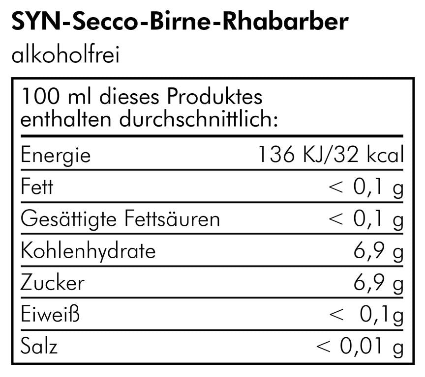 Fruchtsecco - Syn-Secco Birne Rhabarber - alkoholfrei 0.75 Liter